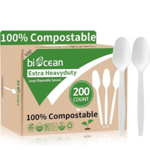 200 compostable spoons 6.7" – extra heavy duty biodegradable disposable cutlery